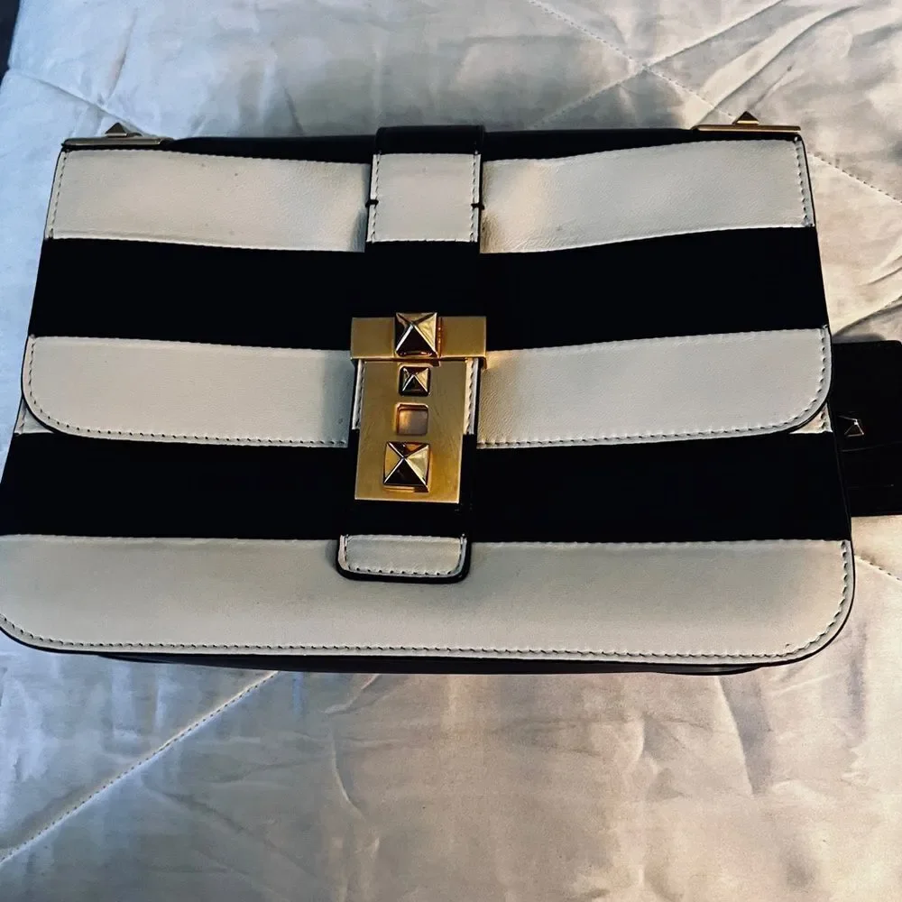 Valentino Garavani Napa Striped B-Rockstud Shoulder Bag with Gold Chain Strap